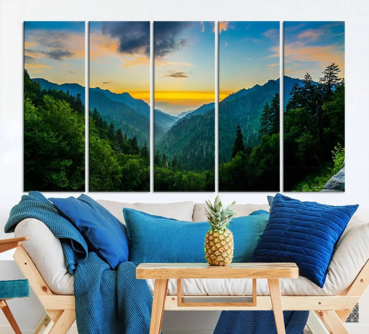 The modern living room features the Glamorous Landscape Canvas Wall Art Forest Canvas Print, a triptych mountain landscape artwork printed on museum-quality canvas and enhanced with a UV-protective coating, making it ready to hang.