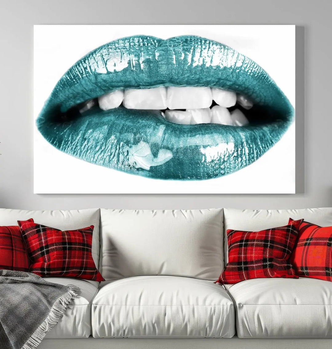 The "Glossy Lips Makeup Canvas Wall Art Print" in a striking teal hue graces the wall, adding a captivating touch of contemporary art to the space.