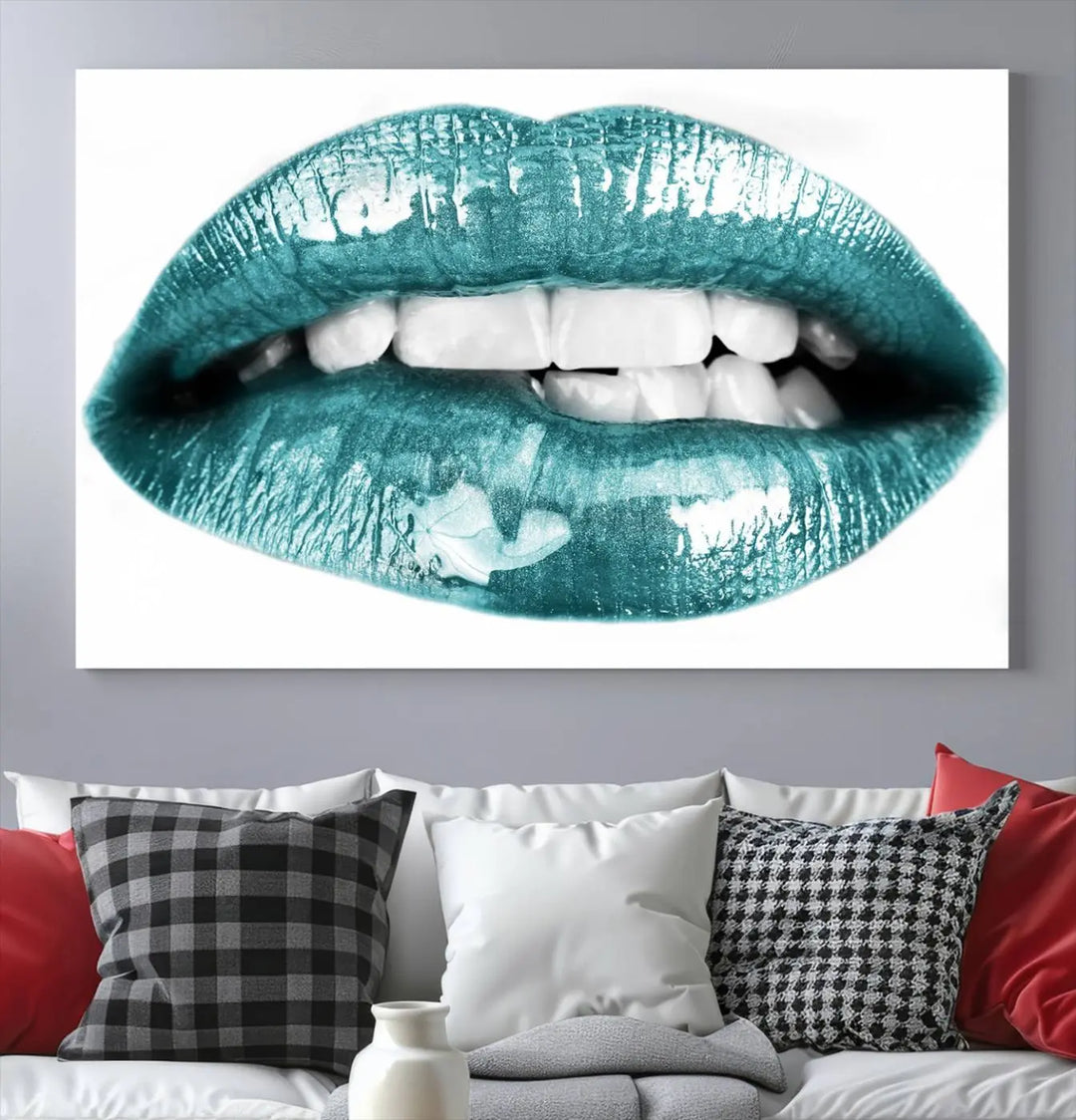 The "Glossy Lips Makeup Canvas Wall Art Print" in a striking teal hue graces the wall, adding a captivating touch of contemporary art to the space.