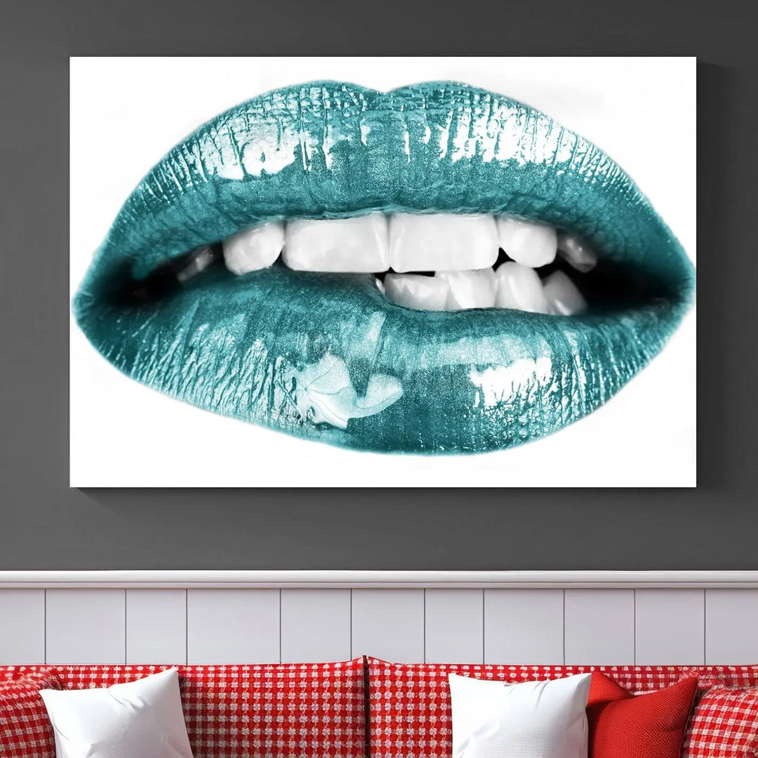 The "Glossy Lips Makeup Canvas Wall Art Print" in a striking teal hue graces the wall, adding a captivating touch of contemporary art to the space.