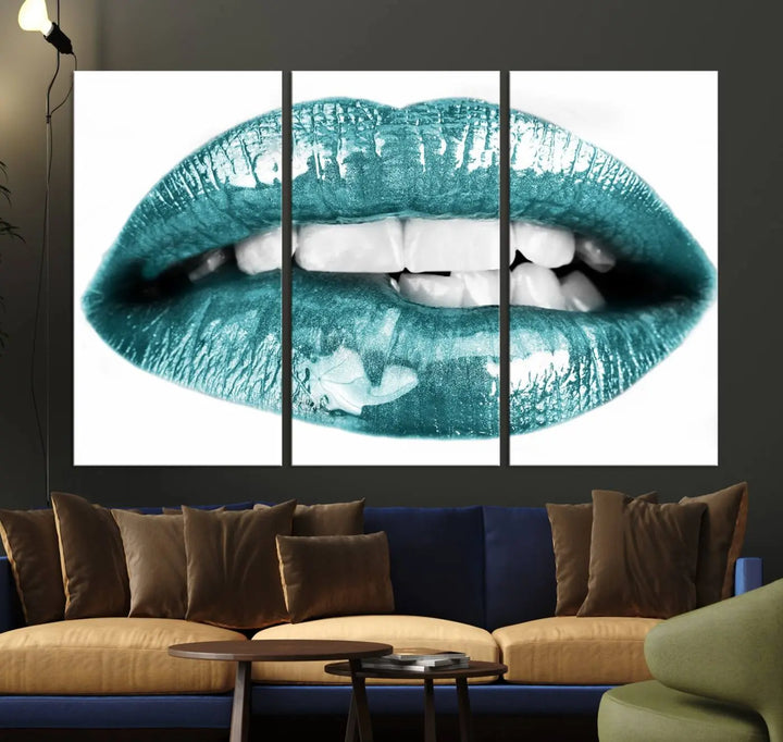 The "Glossy Lips Makeup Canvas Wall Art Print" in a striking teal hue graces the wall, adding a captivating touch of contemporary art to the space.