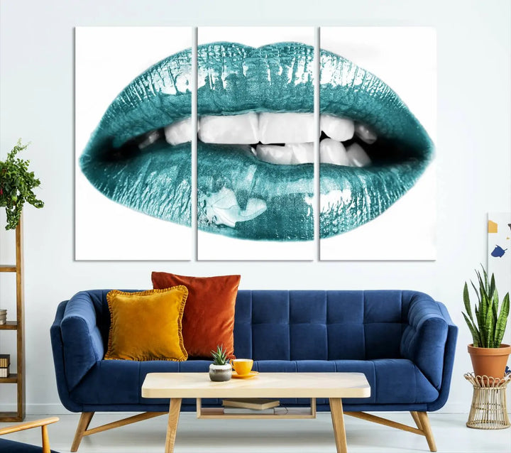 The "Glossy Lips Makeup Canvas Wall Art Print" in a striking teal hue graces the wall, adding a captivating touch of contemporary art to the space.