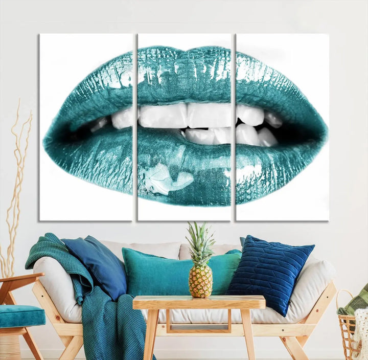 The "Glossy Lips Makeup Canvas Wall Art Print" in a striking teal hue graces the wall, adding a captivating touch of contemporary art to the space.