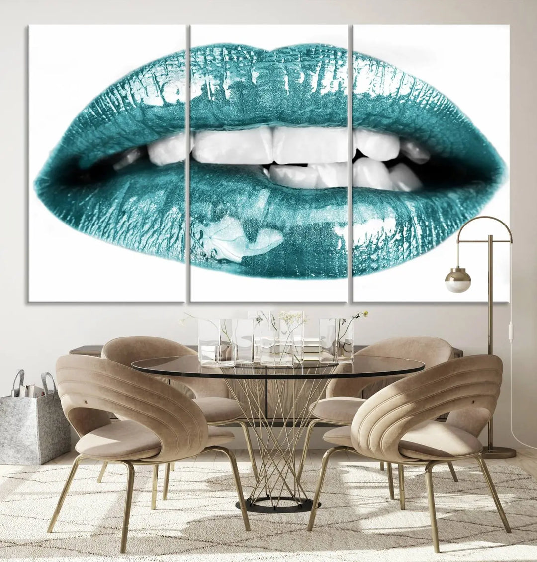 The "Glossy Lips Makeup Canvas Wall Art Print" in a striking teal hue graces the wall, adding a captivating touch of contemporary art to the space.