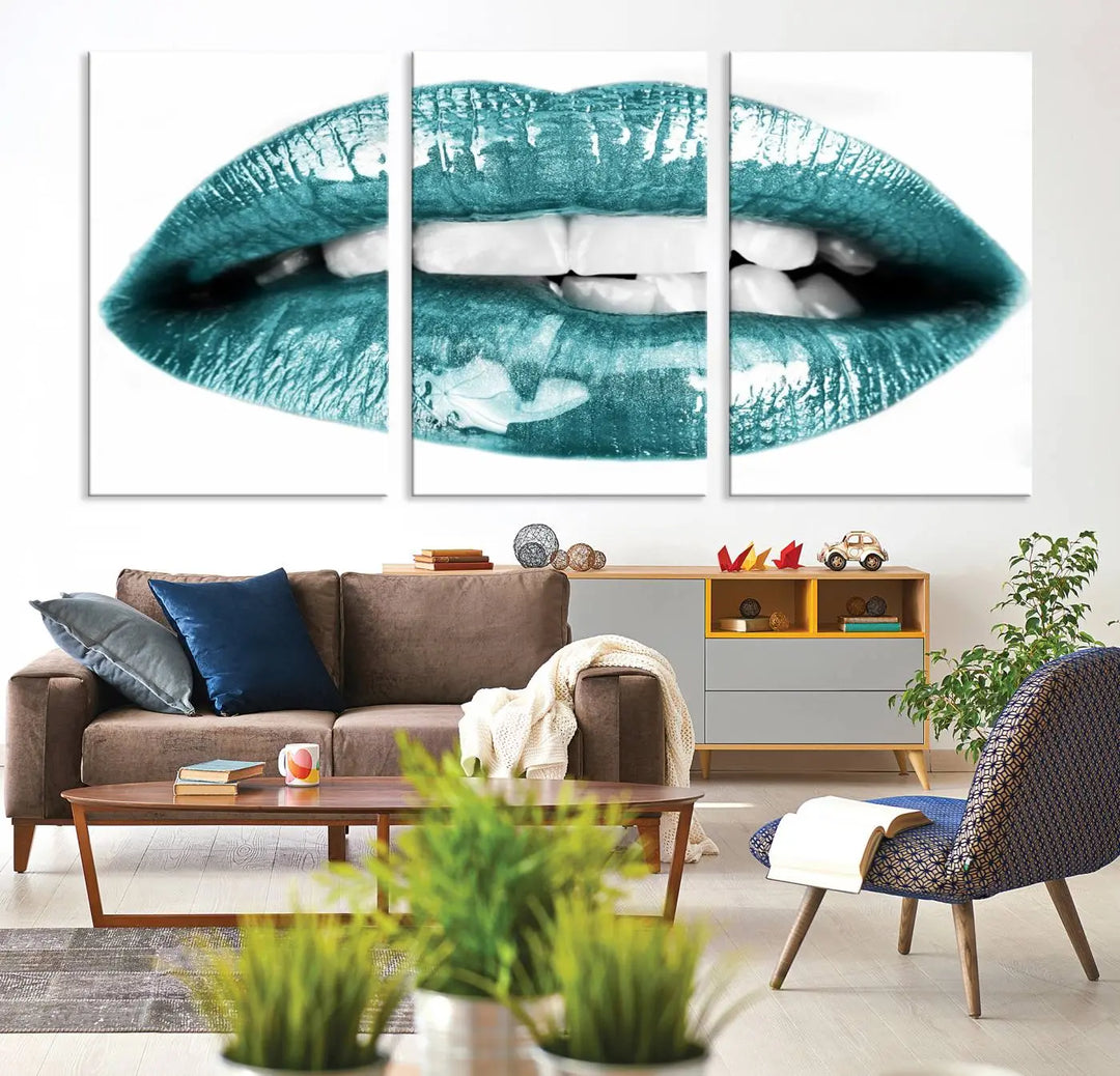 The "Glossy Lips Makeup Canvas Wall Art Print" in a striking teal hue graces the wall, adding a captivating touch of contemporary art to the space.