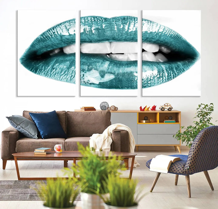 The "Glossy Lips Makeup Canvas Wall Art Print" in a striking teal hue graces the wall, adding a captivating touch of contemporary art to the space.