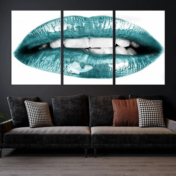 The "Glossy Lips Makeup Canvas Wall Art Print" in a striking teal hue graces the wall, adding a captivating touch of contemporary art to the space.