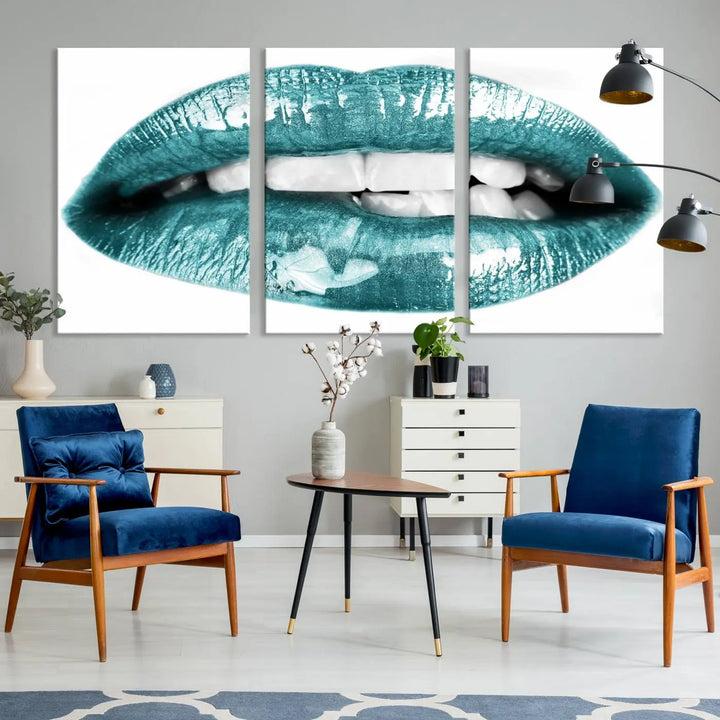 The "Glossy Lips Makeup Canvas Wall Art Print" in a striking teal hue graces the wall, adding a captivating touch of contemporary art to the space.