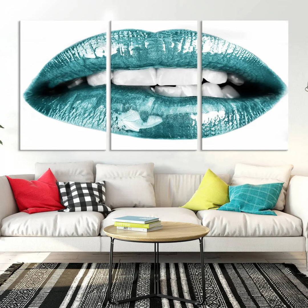 The "Glossy Lips Makeup Canvas Wall Art Print" in a striking teal hue graces the wall, adding a captivating touch of contemporary art to the space.