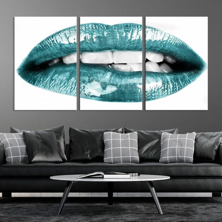 The "Glossy Lips Makeup Canvas Wall Art Print" in a striking teal hue graces the wall, adding a captivating touch of contemporary art to the space.