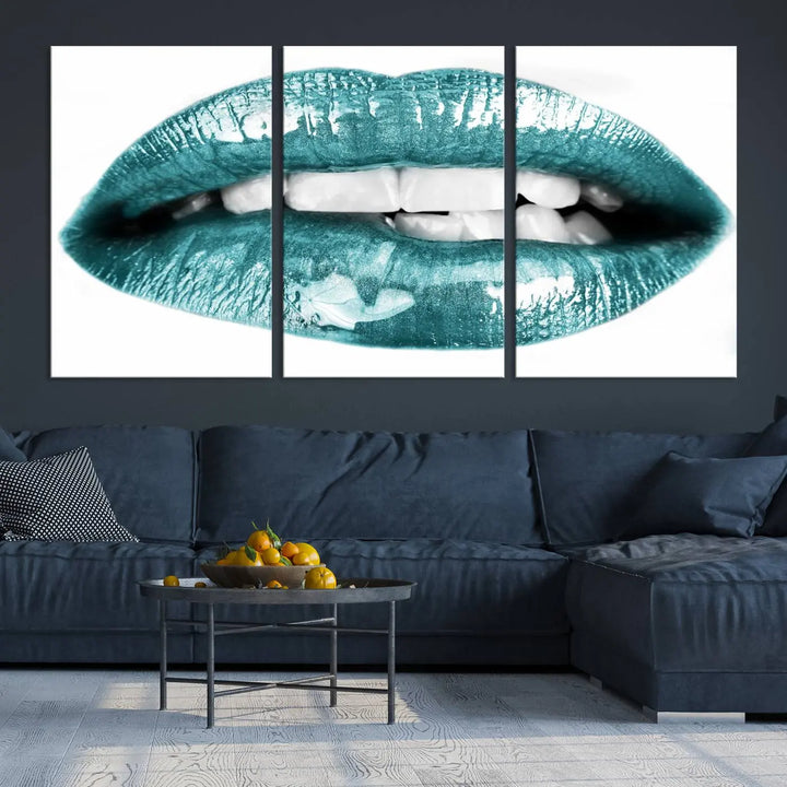 The "Glossy Lips Makeup Canvas Wall Art Print" in a striking teal hue graces the wall, adding a captivating touch of contemporary art to the space.