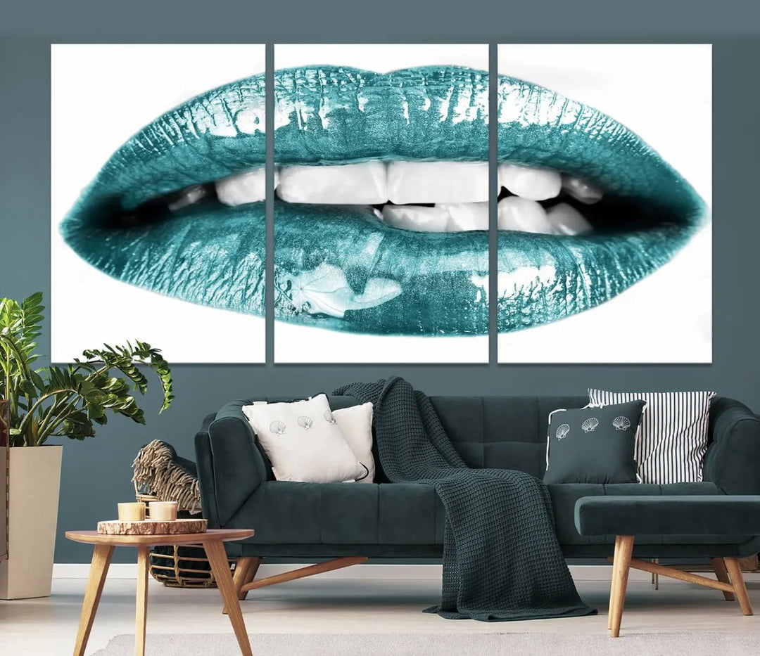 The "Glossy Lips Makeup Canvas Wall Art Print" in a striking teal hue graces the wall, adding a captivating touch of contemporary art to the space.