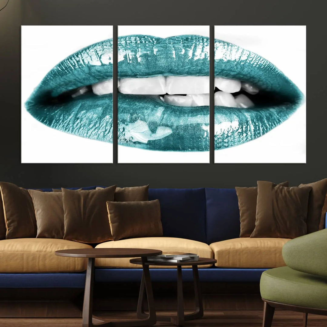 The "Glossy Lips Makeup Canvas Wall Art Print" in a striking teal hue graces the wall, adding a captivating touch of contemporary art to the space.