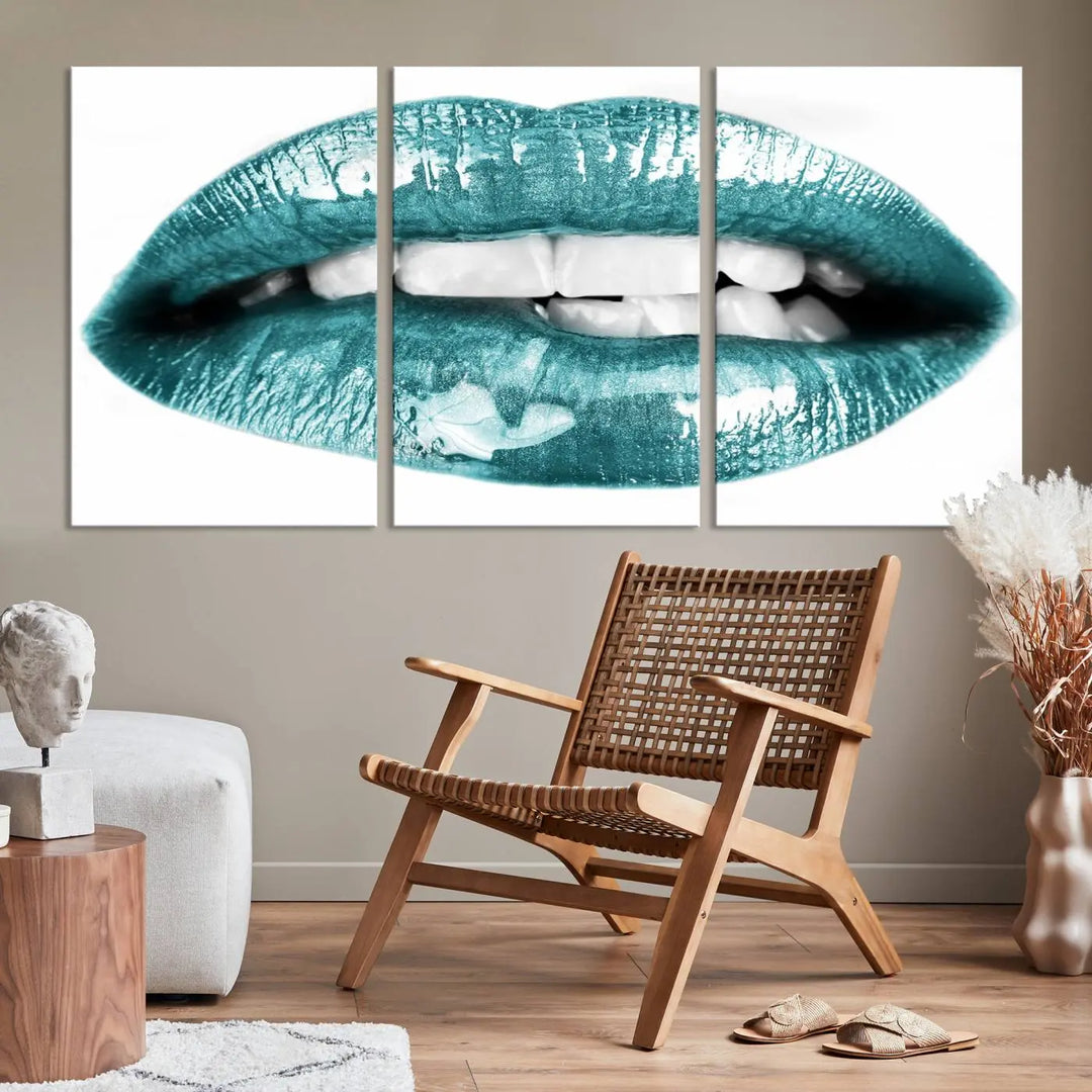 The "Glossy Lips Makeup Canvas Wall Art Print" in a striking teal hue graces the wall, adding a captivating touch of contemporary art to the space.