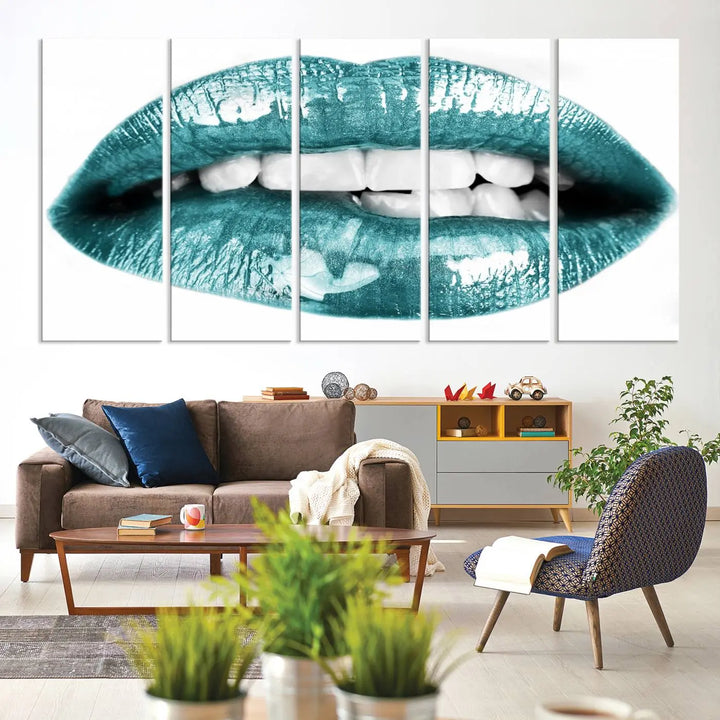 The "Glossy Lips Makeup Canvas Wall Art Print" in a striking teal hue graces the wall, adding a captivating touch of contemporary art to the space.