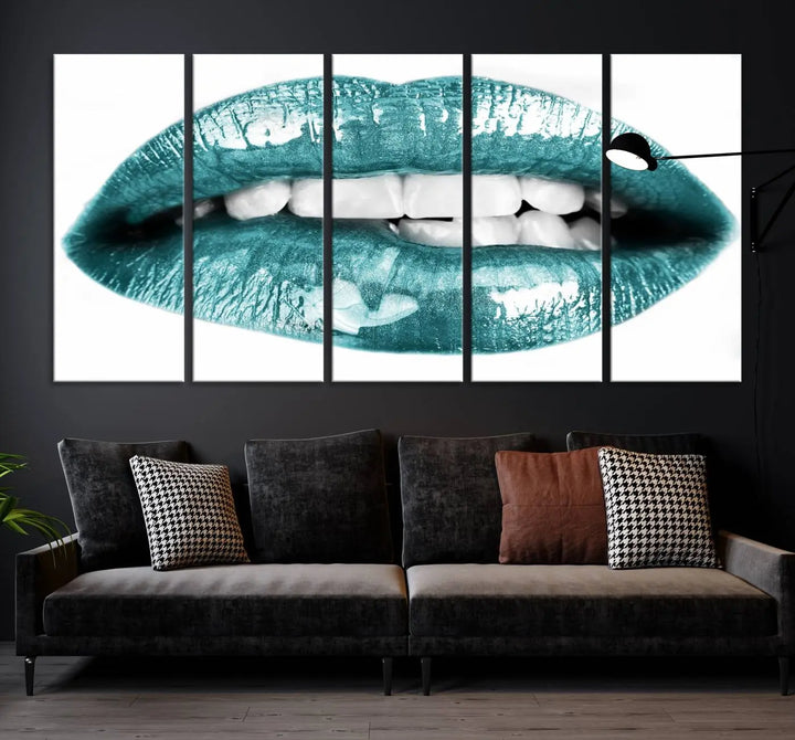 The "Glossy Lips Makeup Canvas Wall Art Print" in a striking teal hue graces the wall, adding a captivating touch of contemporary art to the space.