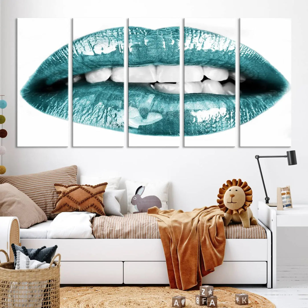 The "Glossy Lips Makeup Canvas Wall Art Print" in a striking teal hue graces the wall, adding a captivating touch of contemporary art to the space.