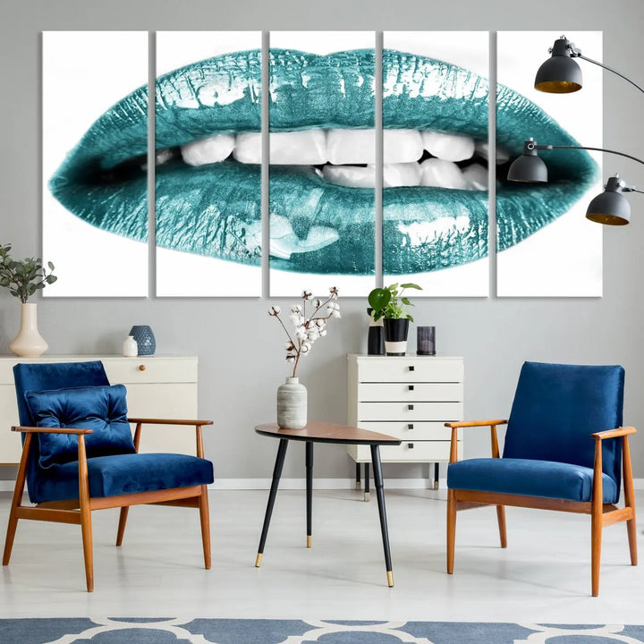 The "Glossy Lips Makeup Canvas Wall Art Print" in a striking teal hue graces the wall, adding a captivating touch of contemporary art to the space.