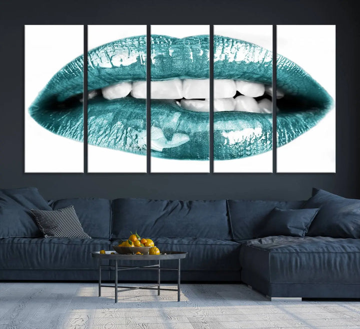 The "Glossy Lips Makeup Canvas Wall Art Print" in a striking teal hue graces the wall, adding a captivating touch of contemporary art to the space.