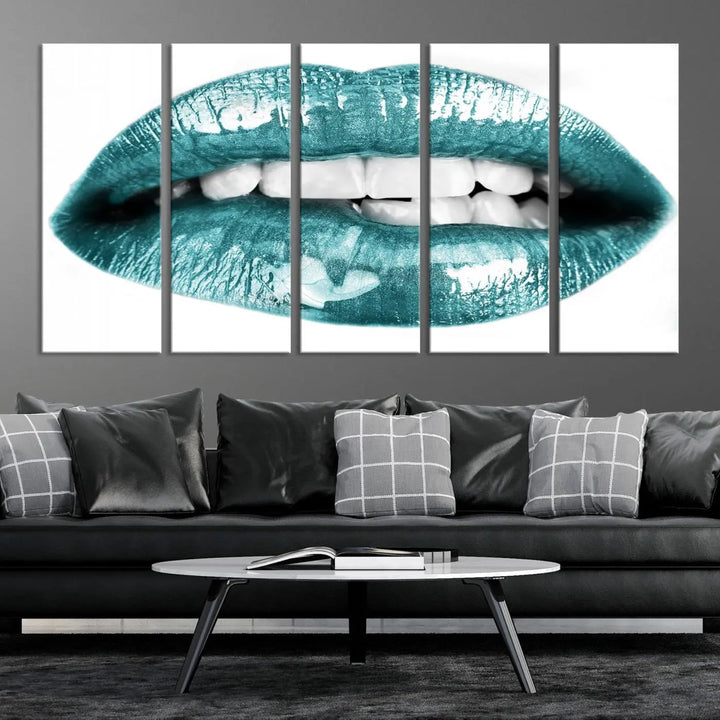 The "Glossy Lips Makeup Canvas Wall Art Print" in a striking teal hue graces the wall, adding a captivating touch of contemporary art to the space.