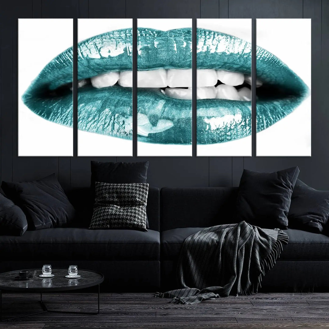 The "Glossy Lips Makeup Canvas Wall Art Print" in a striking teal hue graces the wall, adding a captivating touch of contemporary art to the space.