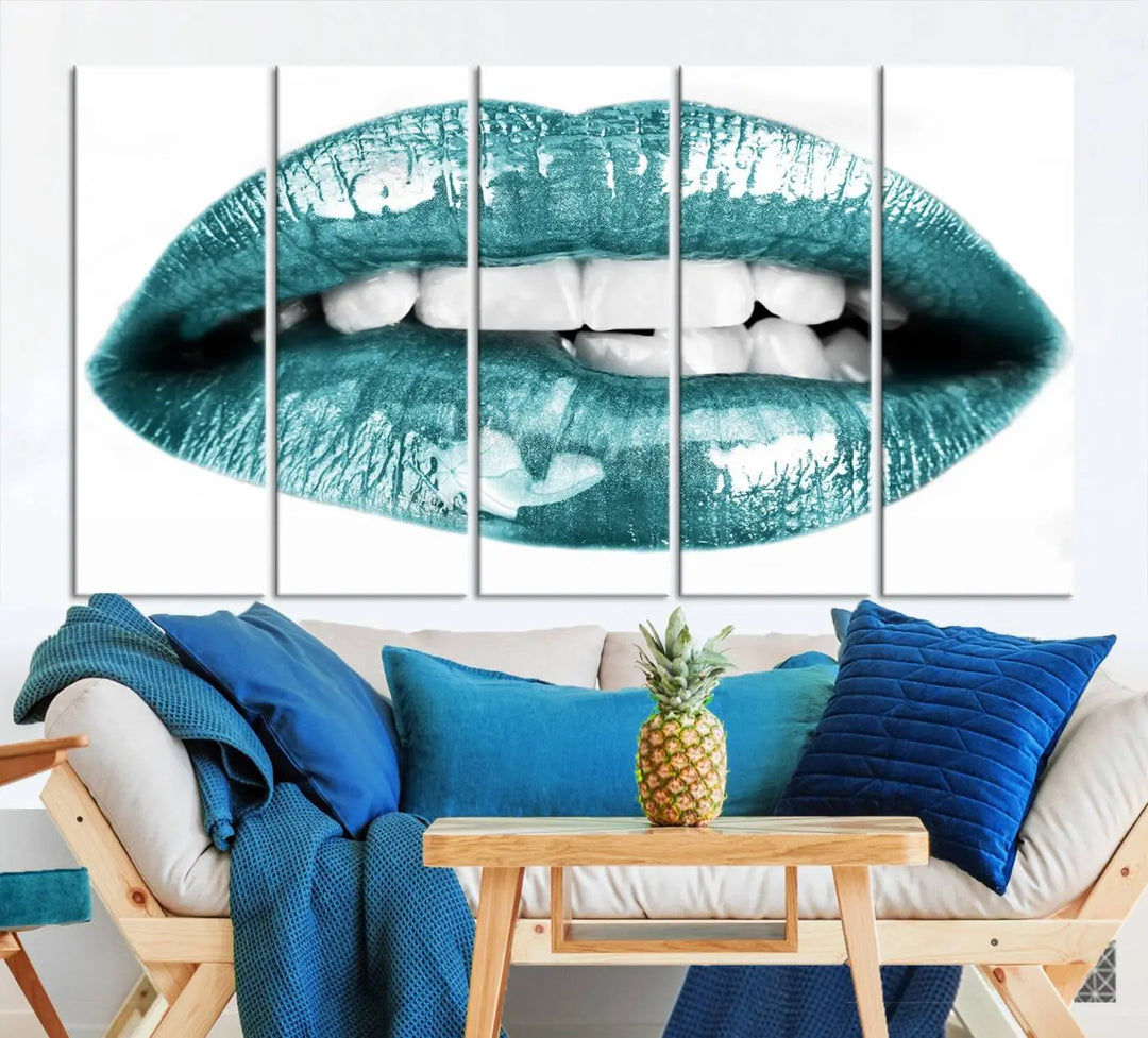 The "Glossy Lips Makeup Canvas Wall Art Print" in a striking teal hue graces the wall, adding a captivating touch of contemporary art to the space.