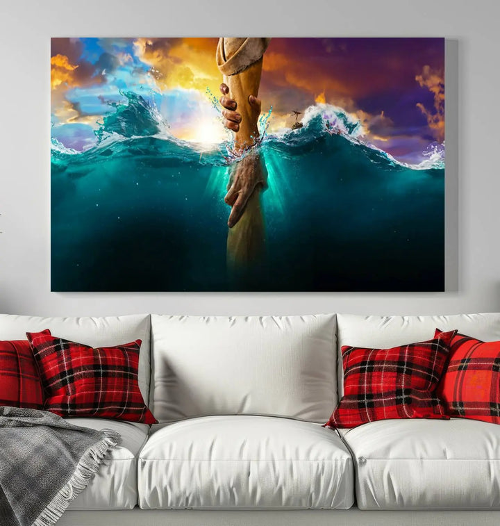 The God Hand Wall Art Canvas Print features a stunning three-panel design of hands reaching through ocean waves against a vibrant sky. The gallery-quality finish elevates this captivating wall art to a masterpiece.