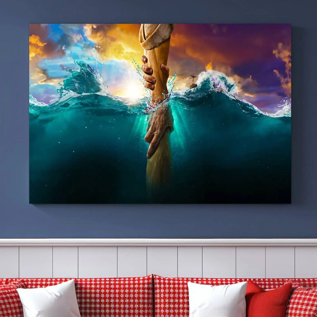 The God Hand Wall Art Canvas Print features a stunning three-panel design of hands reaching through ocean waves against a vibrant sky. The gallery-quality finish elevates this captivating wall art to a masterpiece.