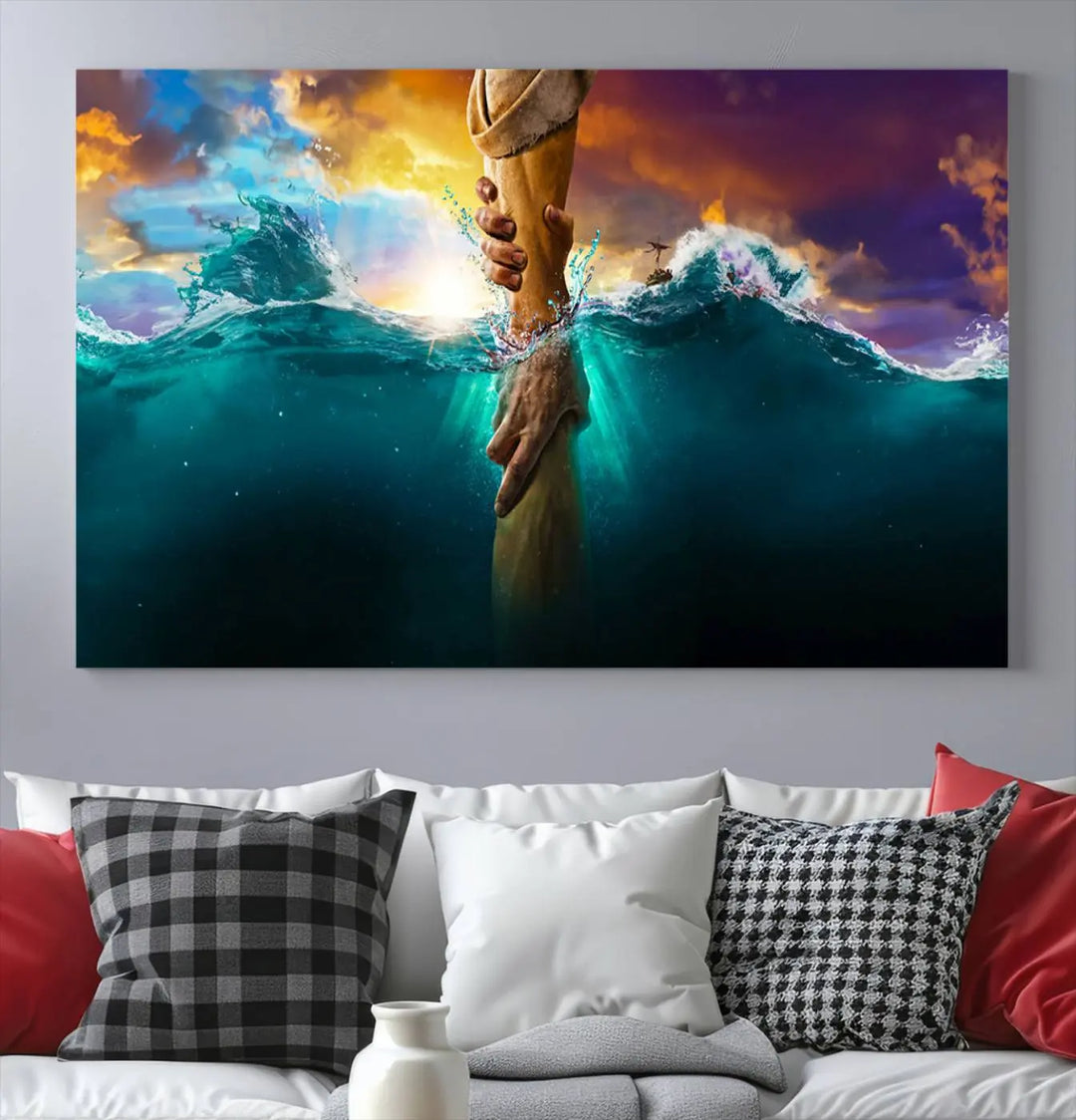 The God Hand Wall Art Canvas Print features a stunning three-panel design of hands reaching through ocean waves against a vibrant sky. The gallery-quality finish elevates this captivating wall art to a masterpiece.