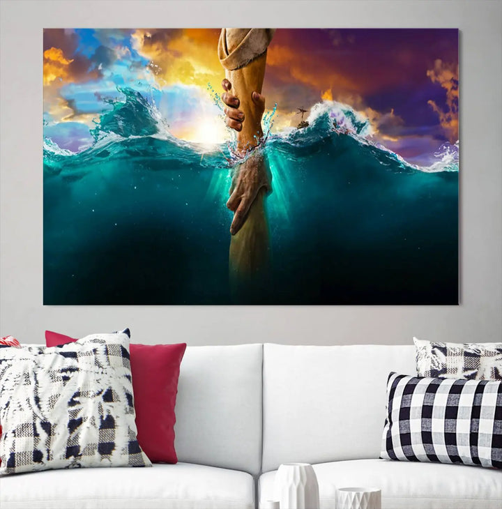 The God Hand Wall Art Canvas Print features a stunning three-panel design of hands reaching through ocean waves against a vibrant sky. The gallery-quality finish elevates this captivating wall art to a masterpiece.