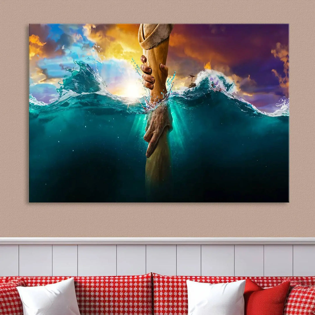 The God Hand Wall Art Canvas Print features a stunning three-panel design of hands reaching through ocean waves against a vibrant sky. The gallery-quality finish elevates this captivating wall art to a masterpiece.