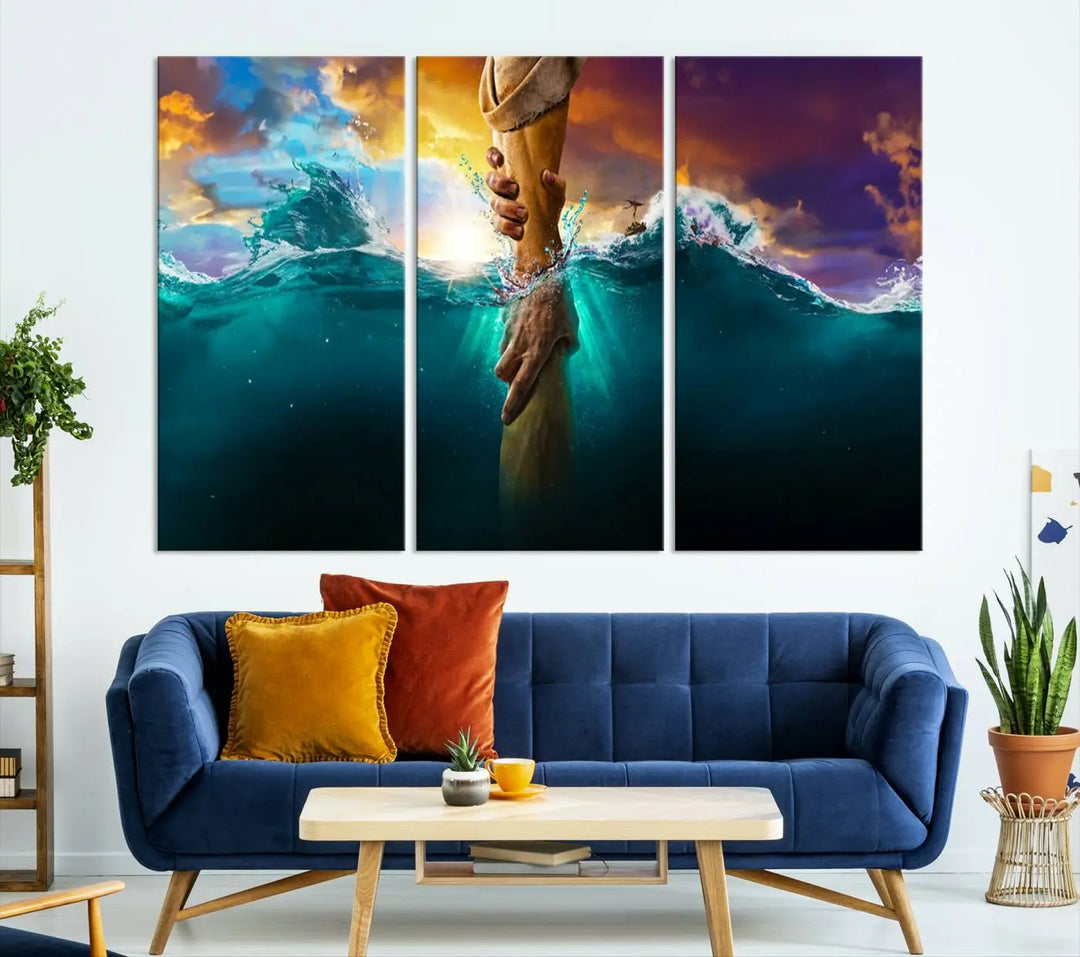 The God Hand Wall Art Canvas Print features a stunning three-panel design of hands reaching through ocean waves against a vibrant sky. The gallery-quality finish elevates this captivating wall art to a masterpiece.