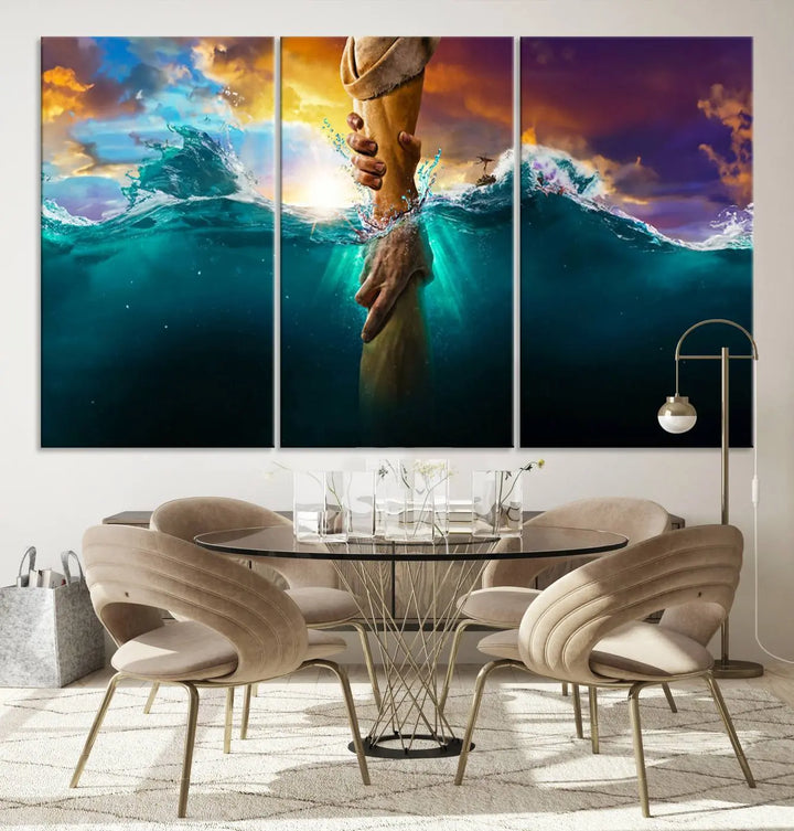 The God Hand Wall Art Canvas Print features a stunning three-panel design of hands reaching through ocean waves against a vibrant sky. The gallery-quality finish elevates this captivating wall art to a masterpiece.