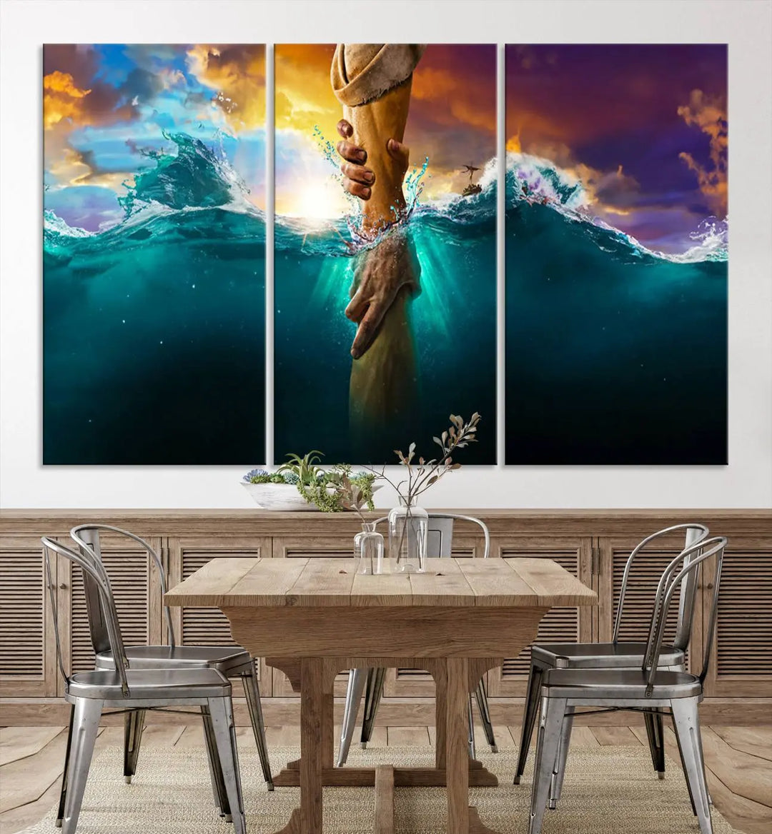 The God Hand Wall Art Canvas Print features a stunning three-panel design of hands reaching through ocean waves against a vibrant sky. The gallery-quality finish elevates this captivating wall art to a masterpiece.