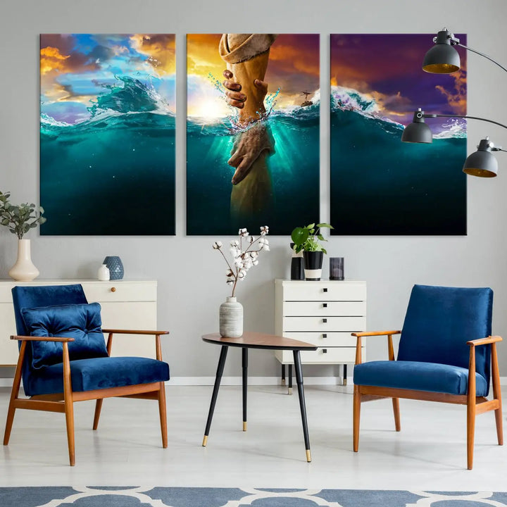 The God Hand Wall Art Canvas Print features a stunning three-panel design of hands reaching through ocean waves against a vibrant sky. The gallery-quality finish elevates this captivating wall art to a masterpiece.