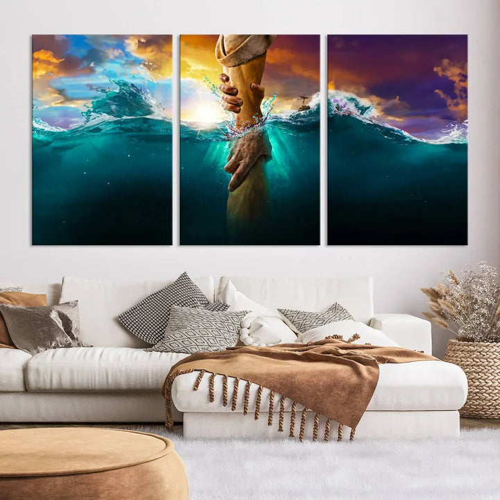 The God Hand Wall Art Canvas Print features a stunning three-panel design of hands reaching through ocean waves against a vibrant sky. The gallery-quality finish elevates this captivating wall art to a masterpiece.