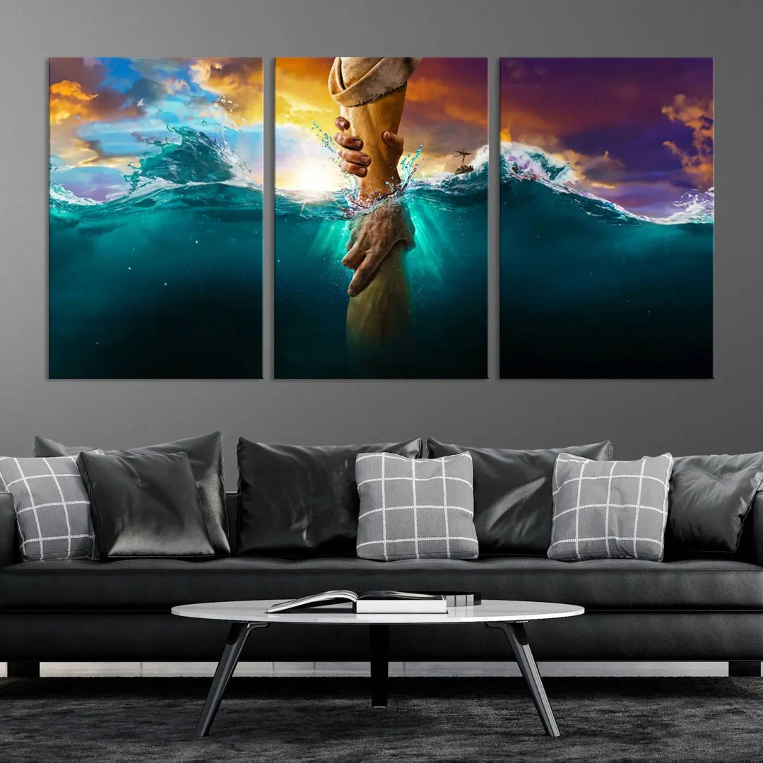 The God Hand Wall Art Canvas Print features a stunning three-panel design of hands reaching through ocean waves against a vibrant sky. The gallery-quality finish elevates this captivating wall art to a masterpiece.