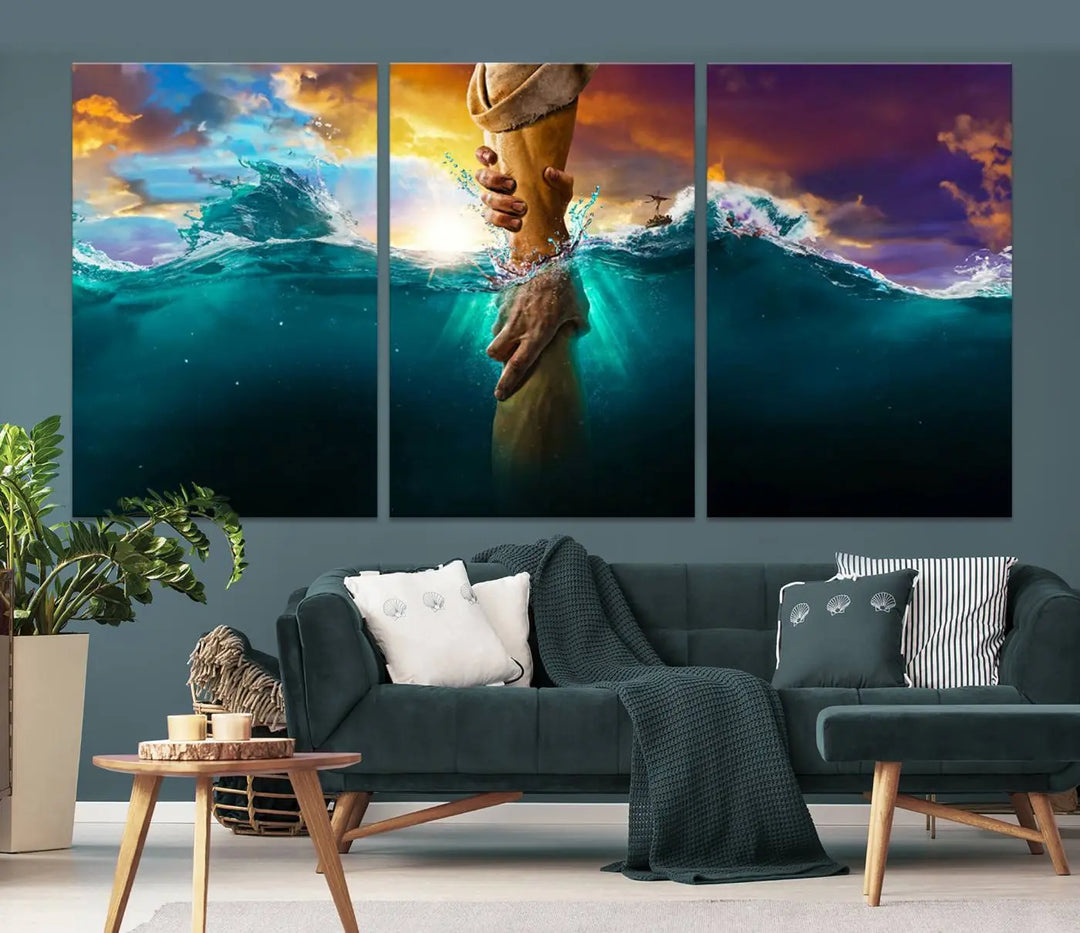 The God Hand Wall Art Canvas Print features a stunning three-panel design of hands reaching through ocean waves against a vibrant sky. The gallery-quality finish elevates this captivating wall art to a masterpiece.