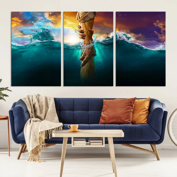 The God Hand Wall Art Canvas Print features a stunning three-panel design of hands reaching through ocean waves against a vibrant sky. The gallery-quality finish elevates this captivating wall art to a masterpiece.