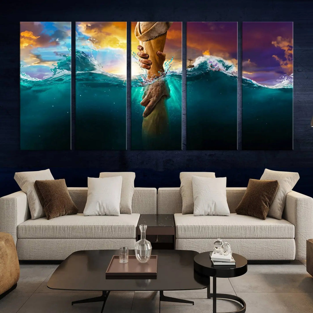 The God Hand Wall Art Canvas Print features a stunning three-panel design of hands reaching through ocean waves against a vibrant sky. The gallery-quality finish elevates this captivating wall art to a masterpiece.