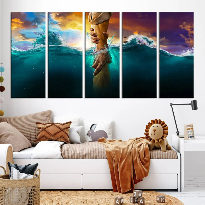 The God Hand Wall Art Canvas Print features a stunning three-panel design of hands reaching through ocean waves against a vibrant sky. The gallery-quality finish elevates this captivating wall art to a masterpiece.