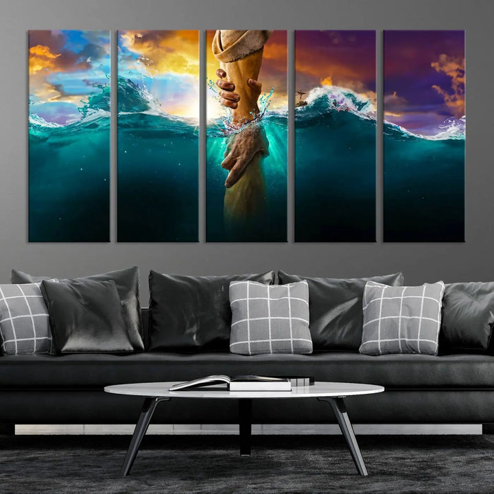 The God Hand Wall Art Canvas Print features a stunning three-panel design of hands reaching through ocean waves against a vibrant sky. The gallery-quality finish elevates this captivating wall art to a masterpiece.