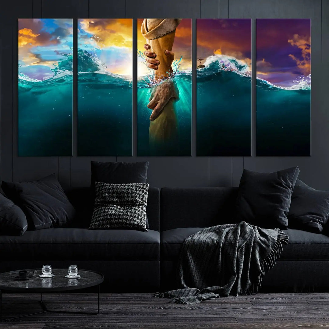 The God Hand Wall Art Canvas Print features a stunning three-panel design of hands reaching through ocean waves against a vibrant sky. The gallery-quality finish elevates this captivating wall art to a masterpiece.