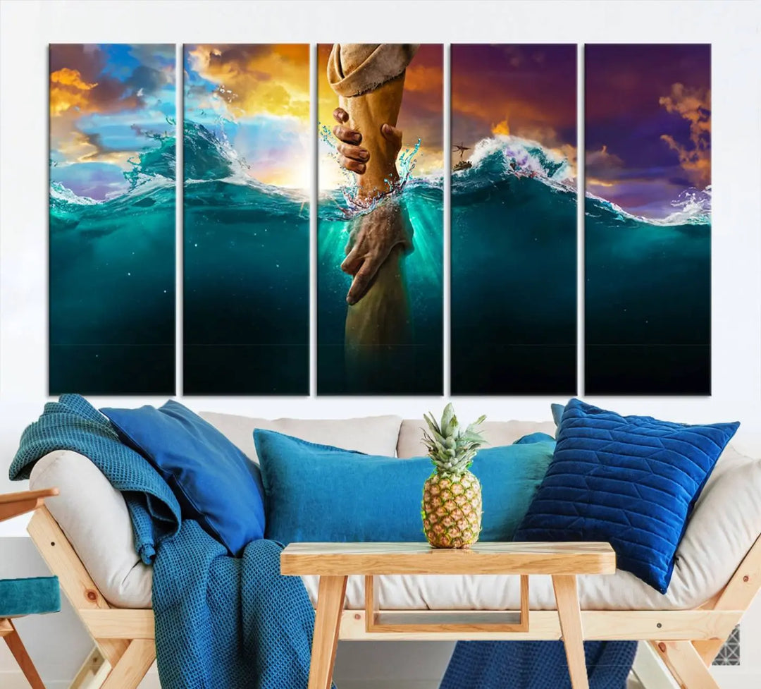 The God Hand Wall Art Canvas Print features a stunning three-panel design of hands reaching through ocean waves against a vibrant sky. The gallery-quality finish elevates this captivating wall art to a masterpiece.