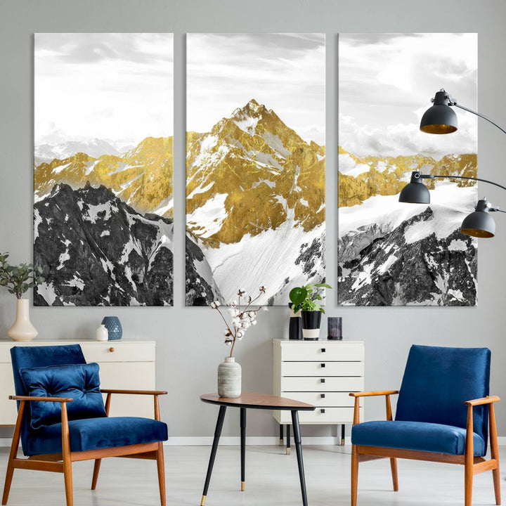 Gold Abstract Mountains Wall Art Print on Canvas, Nature Wall Art Print,