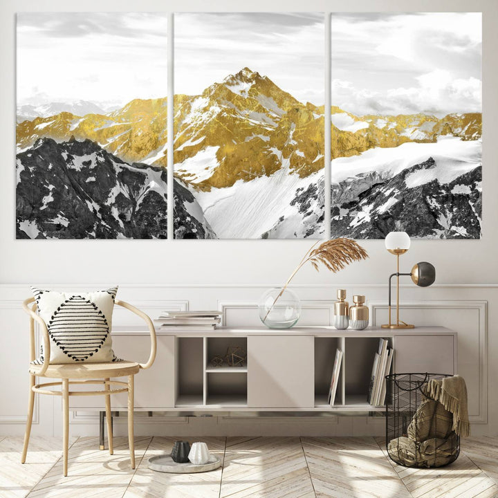 Gold Abstract Mountains Wall Art Print on Canvas, Nature Wall Art Print,