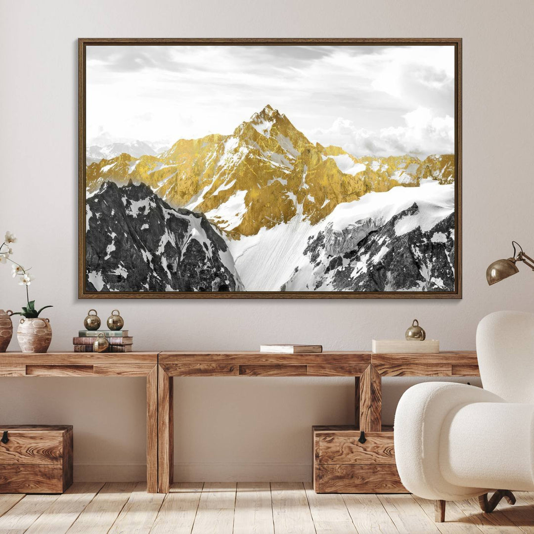 32102-MGV-FC-36X24_Walnut-Gold Abstract Mountains Wall Art Print on Canvas, Nature Wall Art Print,