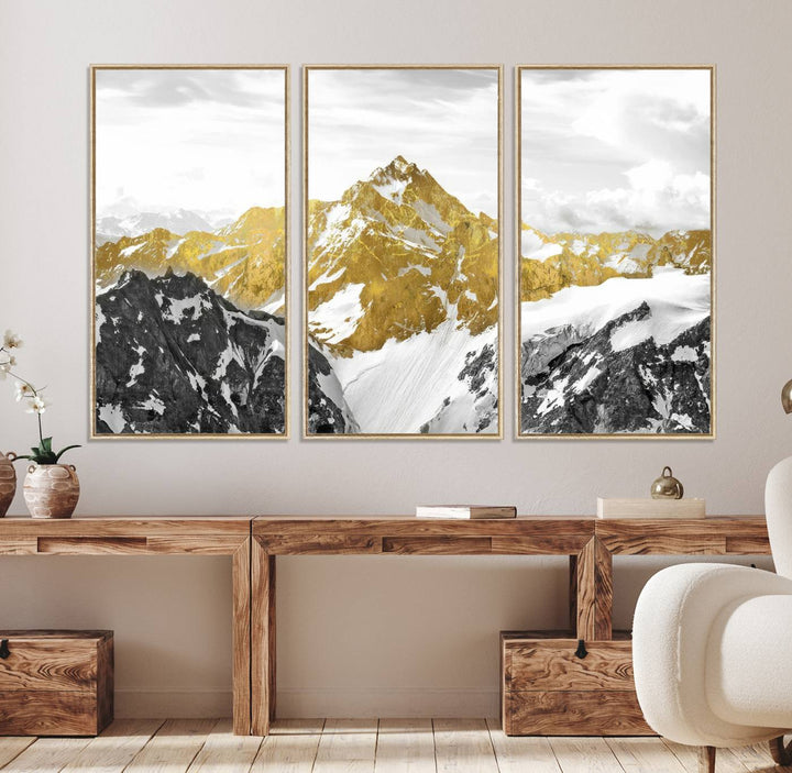 32102-MGV-FC-48X32-3P_Natural-Gold Abstract Mountains Wall Art Print on Canvas, Nature Wall Art Print,