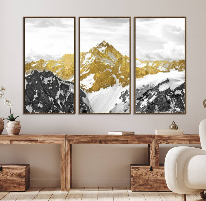32102-MGV-FC-48X32-3P_Walnut-Gold Abstract Mountains Wall Art Print on Canvas, Nature Wall Art Print,