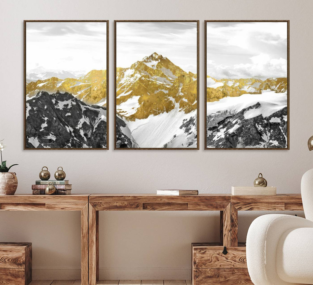 32102-MGV-FC-60X30-3P_Walnut-Gold Abstract Mountains Wall Art Print on Canvas, Nature Wall Art Print,